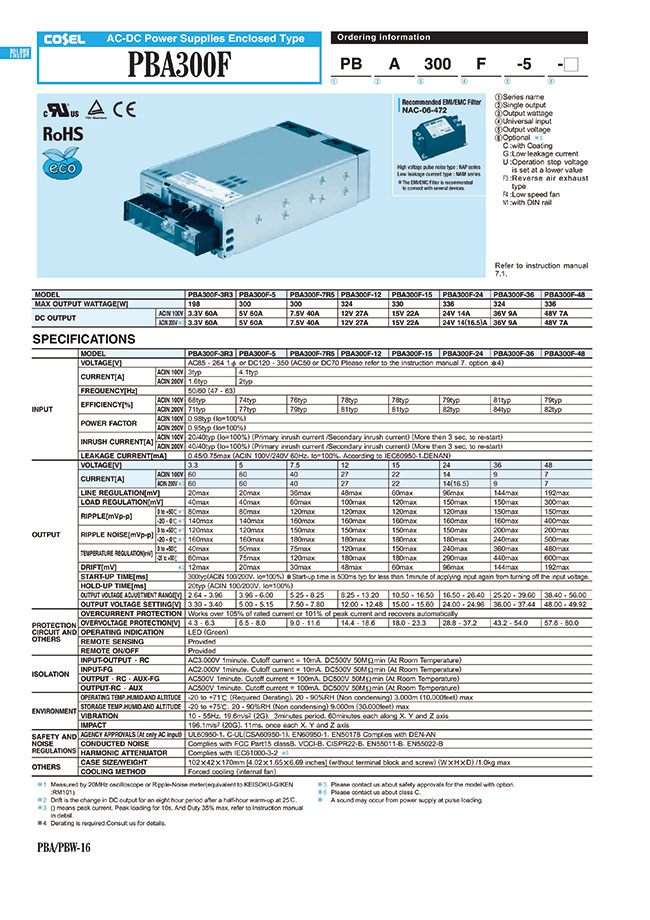 Switching Power Supplies PBA300F Model 300W Single Output | COSEL