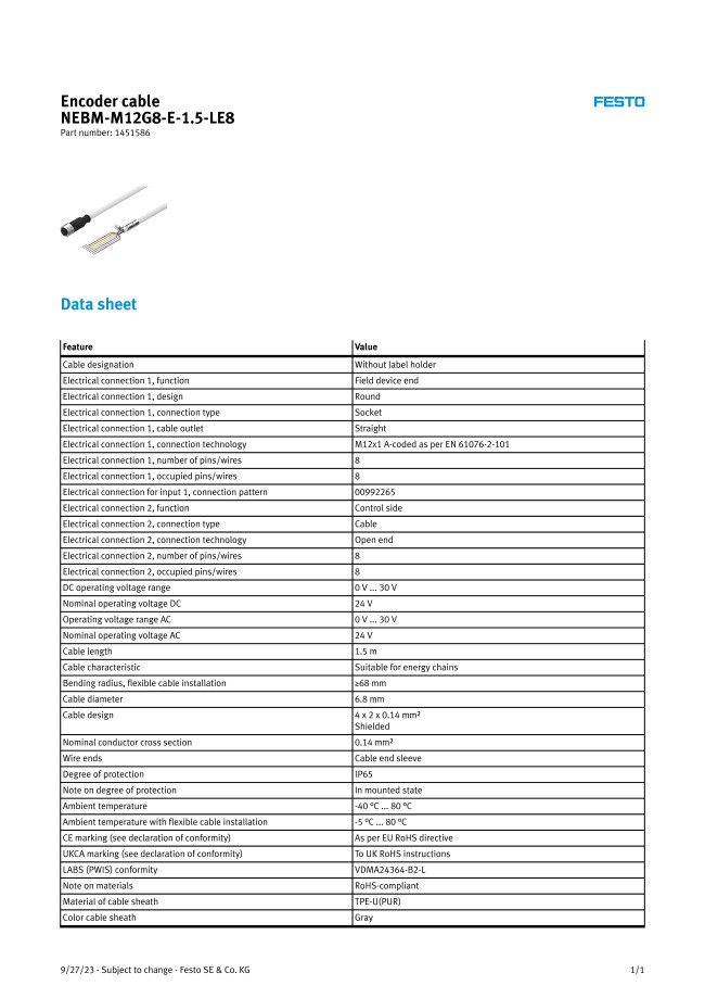 Encoder Cable, NEBM Series | FESTO | MISUMI South East Asia